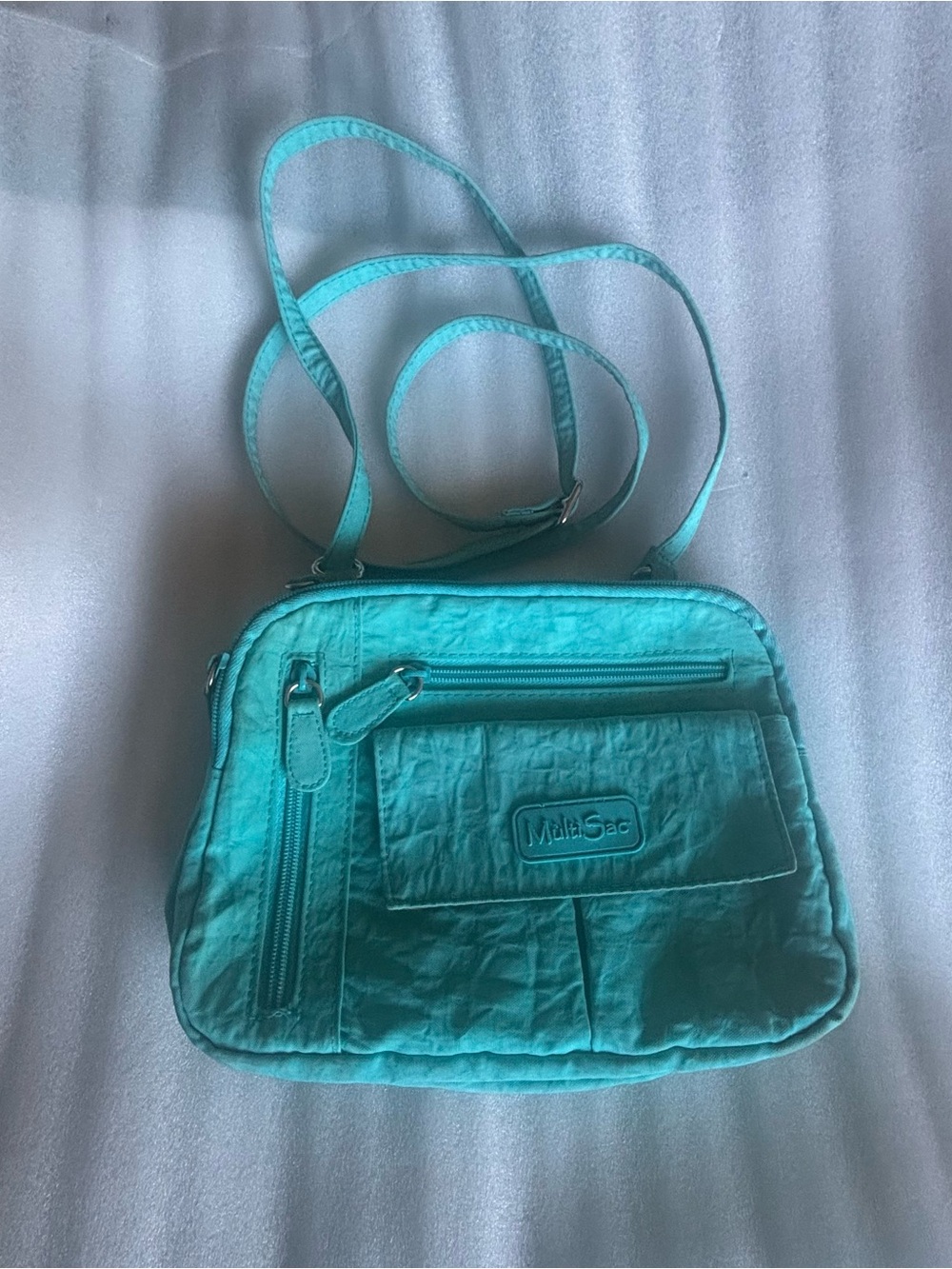 Multi Sac Crossbody purse 9X7 adj strap storage distresses nylon aqua